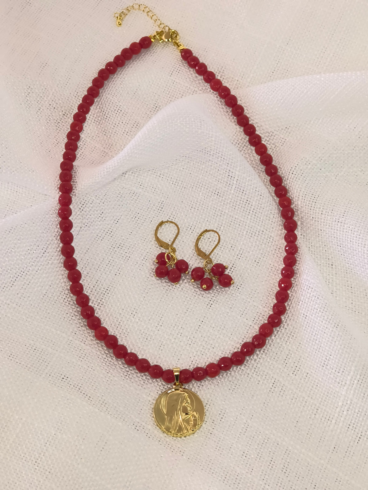 Set Collar Ágata Roja & Medalla de la Virgen María